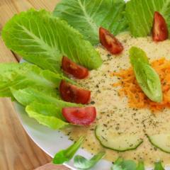 Ananas - Apfel - Suppe mit Karotten auf Römersalat